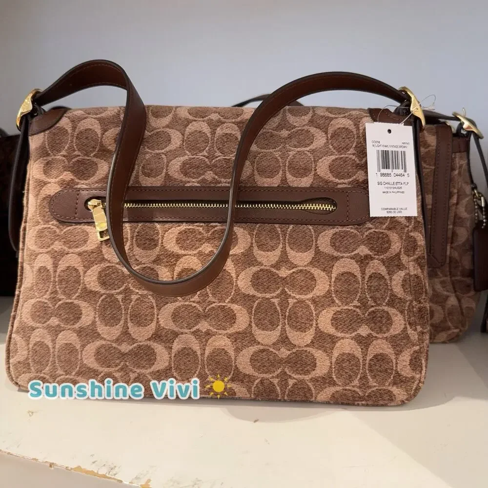 NWT Coach Etta Flap Bag Signature Chenille CCE58 Light Khaki/Vintage Brown